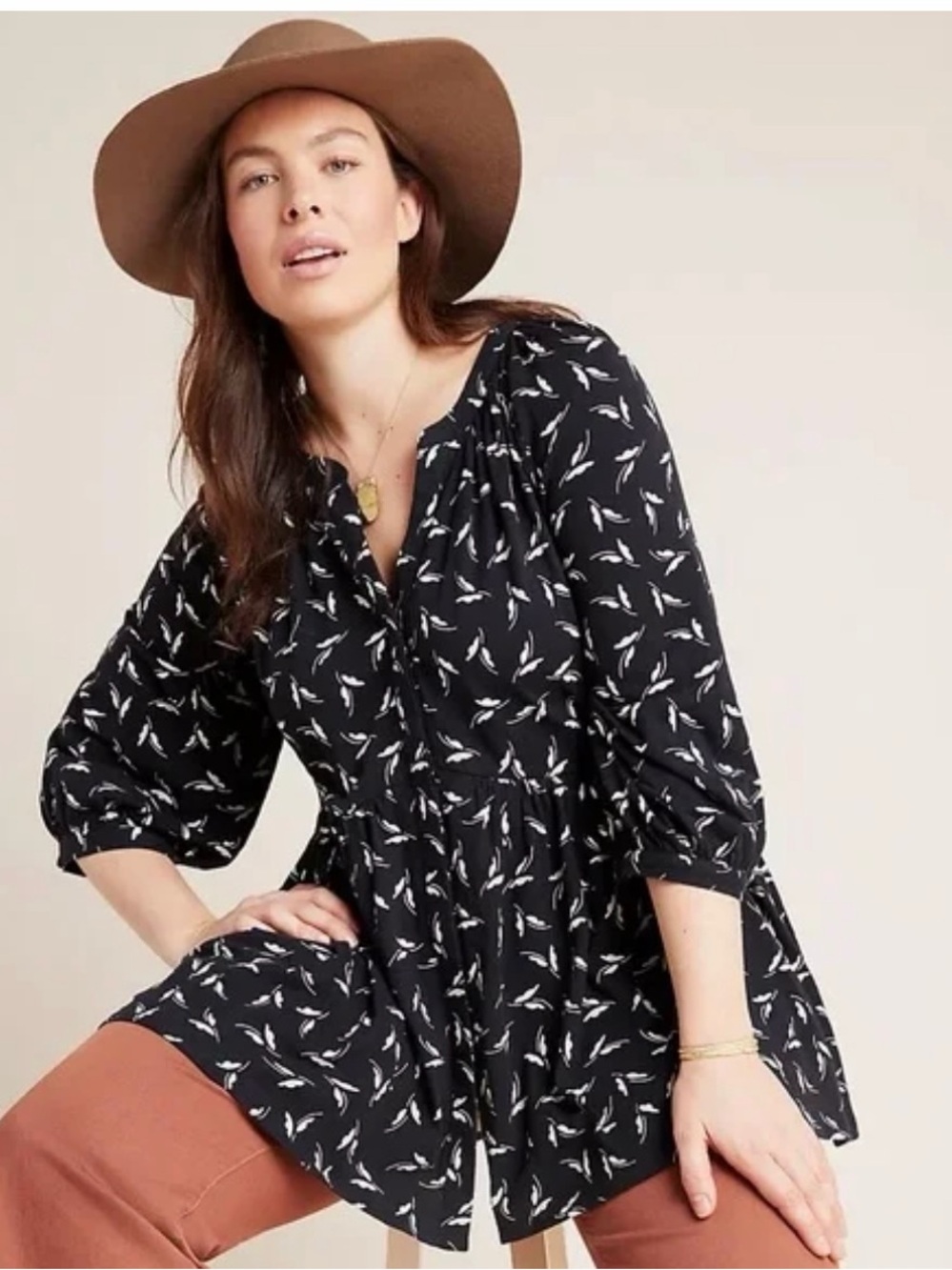 Anthropologie Black Tunic with White Feather Print Medium